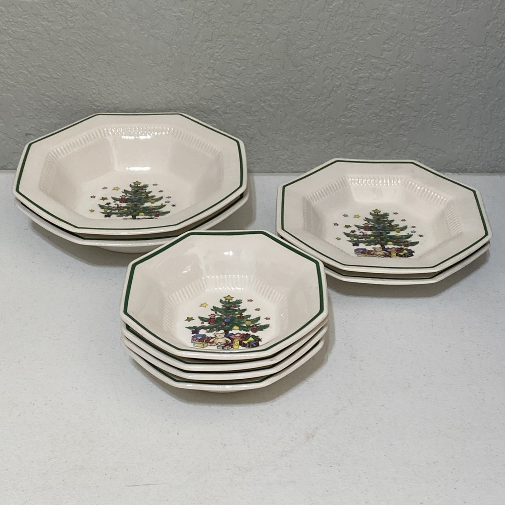 VTG Nikko Christmastime Bowls Cereal Soup Salad Vegetable Octagon Set 8 Japan